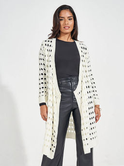 Styli - Women Off White Long Length Water Fall Style Open Cardigan