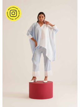 AMOSHI - Blue Colour Block Duo Kaftan with Pant (Set of 2)