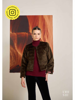 AMOSHI - Brown Solid/Plain Faux Mink Fur Jacket