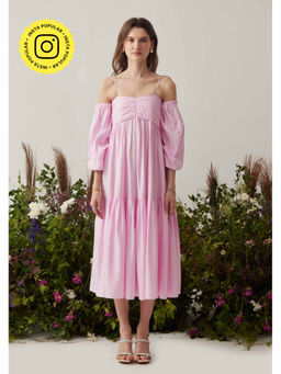 AMOSHI - Pink Pleated Lea Dress with Detachable Sleeves (Set of 2)