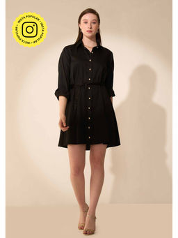 AMOSHI - Black Solid/Plain Pops Button Down Shirt Dress with Belt (Set of 2)