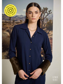 AMOSHI - Navy Blue Textured Sherry Fur Cuff Shirt