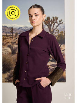 AMOSHI - Wine Textured Sherry Fur Cuff Shirt