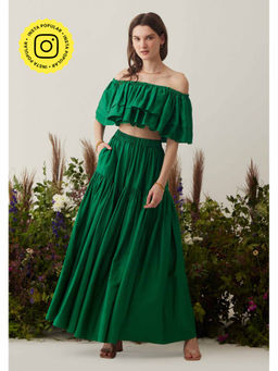 AMOSHI - Green Solid/Plain Stella Crop Top with Skirt (Set of 2)