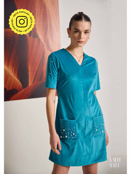 AMOSHI - Blue Embellished/Sequined Teal Suede Dress