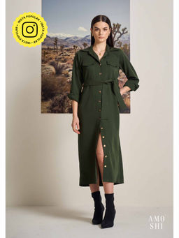 AMOSHI - Olive Solid/Plain Tress Midi Dress with Belt (Set of 2)