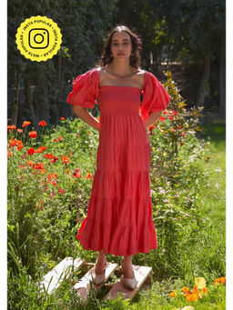 AMOSHI - Beatrice Red Midi Dress With Detachable Sleeves -Vermillion (Set of 2)