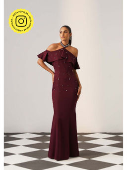 AMOSHI - Women Burgundy Polyester Gown Dress