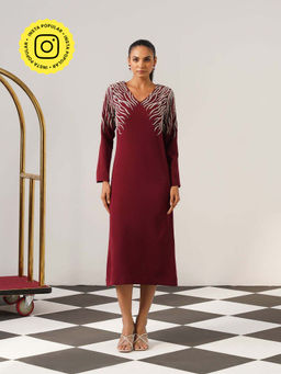 AMOSHI - Women Burgundy Polyester Midi Dress