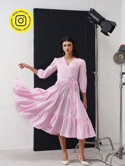 AMOSHI - Marina Embellished Pink Midi Dress with Belt