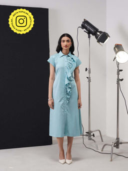 AMOSHI - Gloria Blue Solid Collar Neck A Line Midi Dress