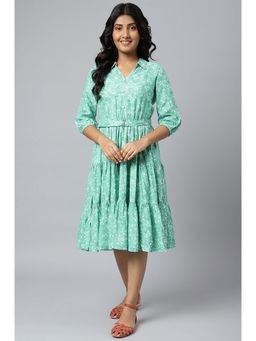 Aurelia - Green Shirt Collar Floral Printed Liva Dress with Belt (Set of 2)
