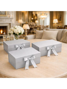 Firstseen - Silver Foldable Gift Box with Ribbon (Pack Of 3)