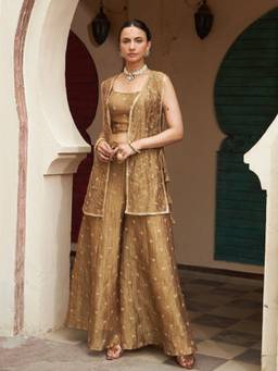 Autumnlane - Women Gold Embellished/Sequined Sheer Co-Ord Set