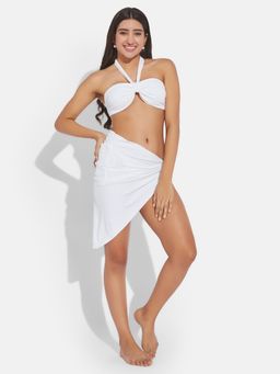 Secrets By ZeroKaata - Women Ribbed Halter Beach Wear Bikini Set with Sarong