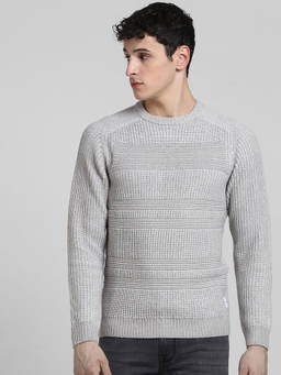 Jack & Jones - Men Self Design Grey Sweater