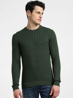 Jack & Jones - Men Self Design Green Sweater