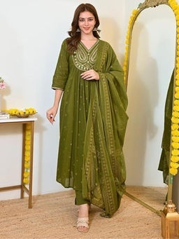 Anveri Textiles - Women'S Embroidered Anarkali Kurta with Pant and Dupatta