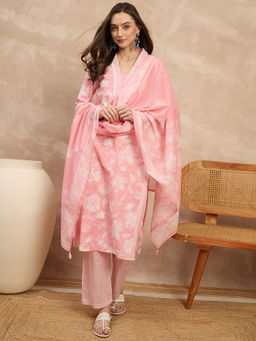CHETI - Women Pink Pure Cotton V-Neckline Printed Kurta with Pant and Dupatta