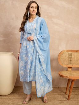 CHETI - Women Aqua Pure Cotton V-Neckline Printed Kurta with Pant and Dupatta