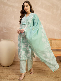 CHETI - Women Green Pure Cotton V-Neckline Printed Kurta with Pant and Dupatta