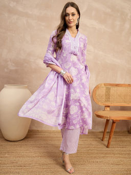 CHETI - Women Lavender Pure Cotton V-Neckline Printed Kurta with Pant and Dupatta