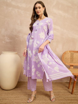 CHETI - Women Lavender Pure Cotton Printed Kurta with Pant and Dupatta
