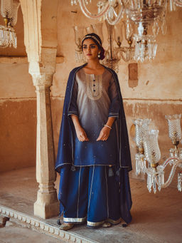 Karaj Jaipur - Blue Ombre Straight Embroidered Kurta (Set of 3)