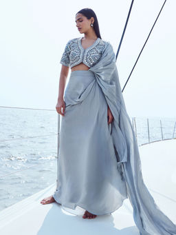 Nirmooha - Hand Embroidered Draped Saree with Blouse with Stitched