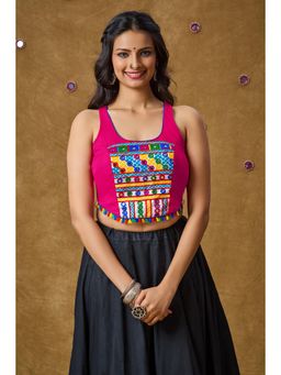 SALWAR STUDIO - Pink Mirror Work Readymade Padded Blouse