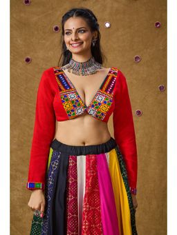 SALWAR STUDIO - Red Mirror Work Readymade Padded Blouse