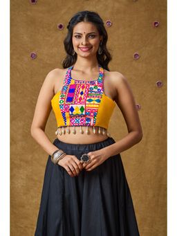 SALWAR STUDIO - Yellow Mirror Work Readymade Padded Blouse