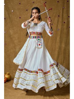 SALWAR STUDIO - White Mirror Work Readymade Padded Choli with Lehenga and Dupatta (Set of 3)