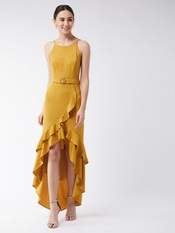 Miss Chase - Women's Mustard Halter Neck Sleeveless Solid Ruffled Maxi Party Dress