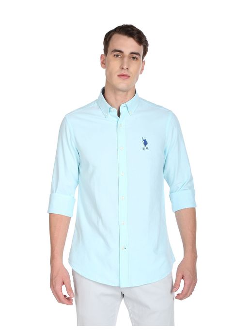 U.S. POLO ASSN. Men Aqua Solid Twill Weave Casual Shirt