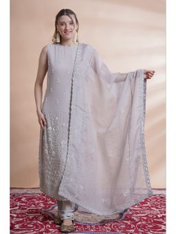 House of Supriya - Grey Georgette Incut Kurta With Churidar And Dupatta (Set of 3)