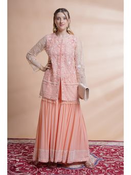 House of Supriya - Peach Net Kurta With Sharara (Set of 2)