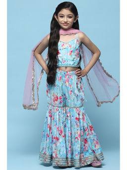 Biba - Girls Blue Cotton Floral Crop Top with Sharara and Dupatta (Set of 3)