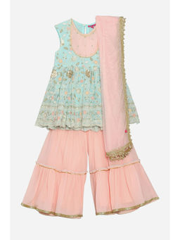 Biba - Girls Blue Polyester Embroidered Kurta with Sharara and Dupatta (Set of 3)