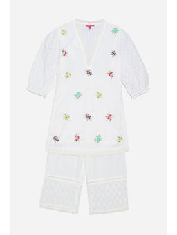 Biba - Girls White Cotton Embroidered Kurta with Palazzo (Set of 2)