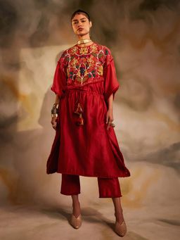 CHANDRIMA - Red Chanderi Beaded Yoke Kaftan