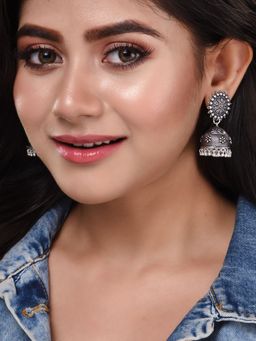 Saraf RS Jewellery - Silver Toned Oxidised Jhumka Earrings