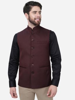 JadeBlue - Men Maroon Terry Wool Solid Bandhgala Jacket