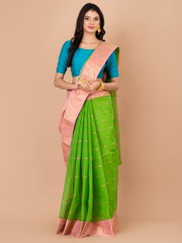 LAA CALCUTTA - Green and Pink Pure Cotton Tant Saree
