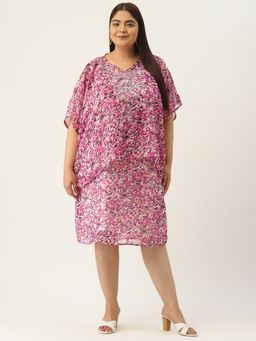 theRebelinme - Plus Size Pink Floral Printed Layered Embellished Party Wear Dress (Set of 2)