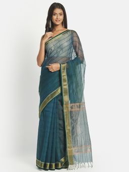 Fabindia - Teal Cotton Silk Maheshwari Woven Saree without Blouse