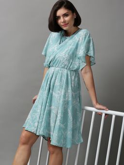 SHOWOFF - Womens Round Neck Floral Sea Green Knee Length Dress