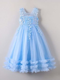 Hopscotch - Girls Blue Floral Applique Sleeveless Gown
