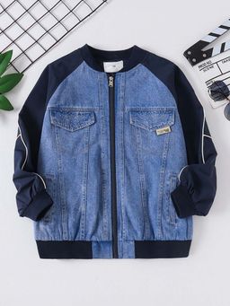 Hopscotch - Boys Blue and Navy Color-Blocked Raglan Sleeve Denim Jacket