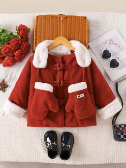 Hopscotch - Girls Red and White Solid Full-Sleeve Jacket with Pair Of Gloves